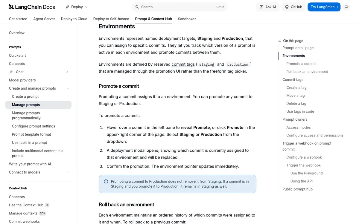 LangSmith docs explaining Staging and Production prompt environments and commit promotion