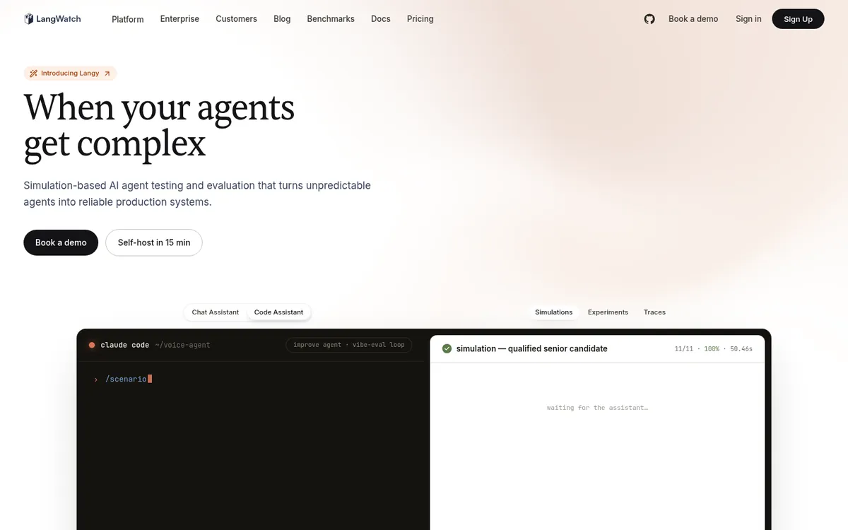 LangWatch homepage for open-source agent observability and evaluations