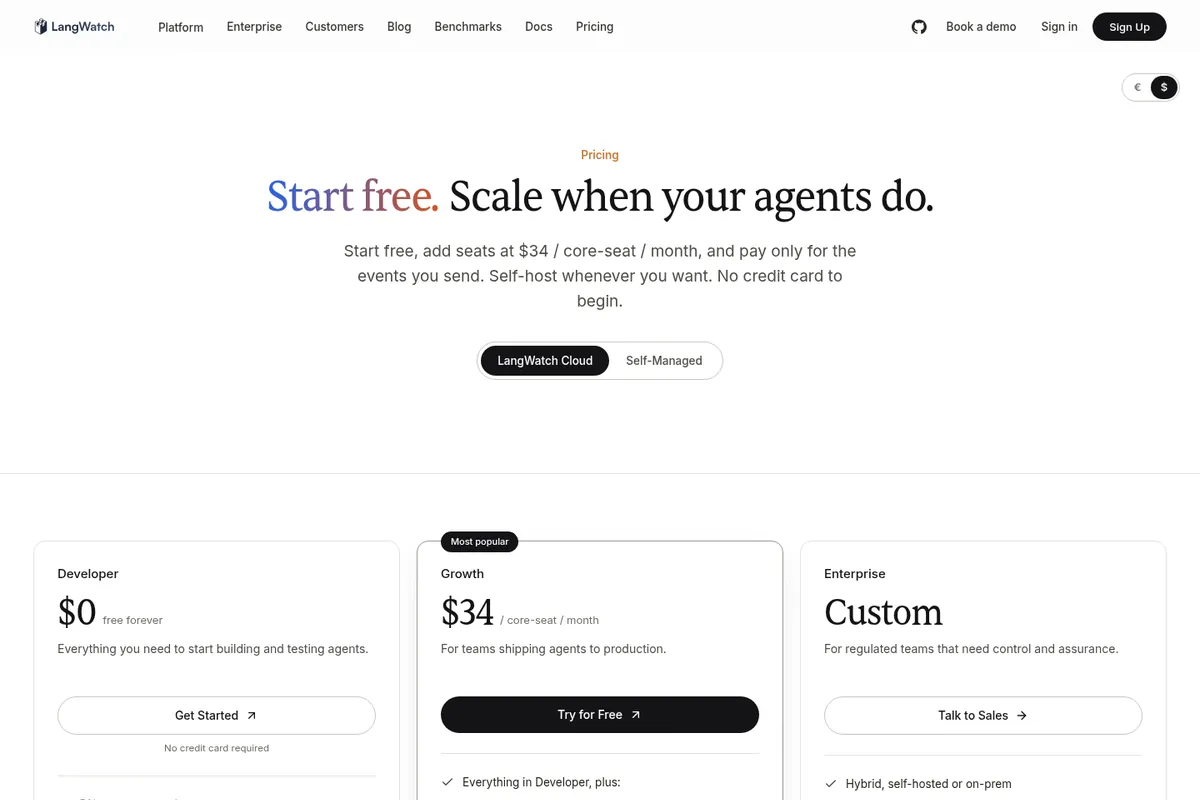 LangWatch pricing page with Developer free, Growth, and Enterprise plans