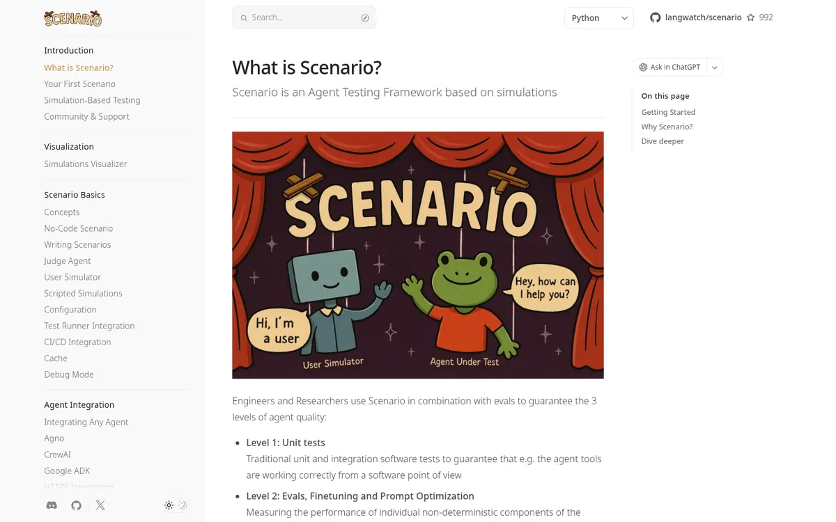 LangWatch Scenario agent simulation product page