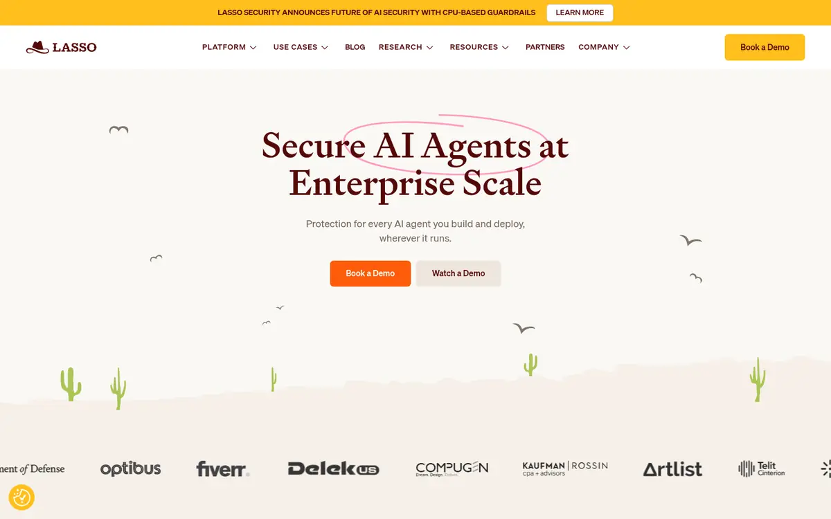 Lasso Security homepage screenshot for enterprise AI agent protection