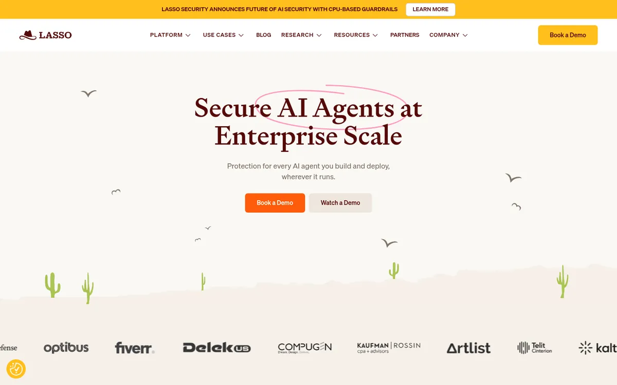 Lasso Security homepage for MCP and AI security gateway