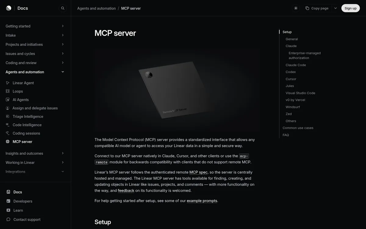 Linear documentation page for the hosted Linear MCP server