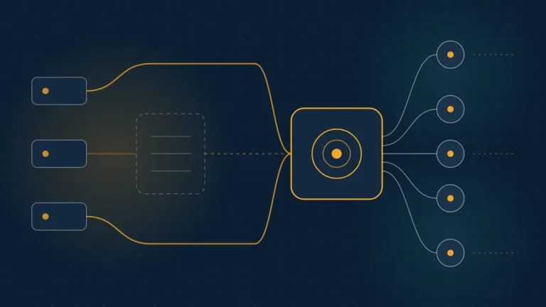 Abstract navy diagram of app traffic rerouted from a legacy proxy to a new LLM gateway hub