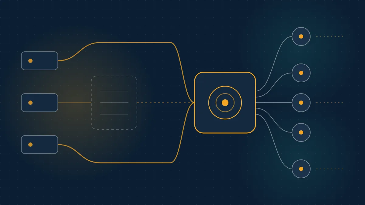 Abstract navy diagram of app traffic rerouted from a legacy proxy to a new LLM gateway hub