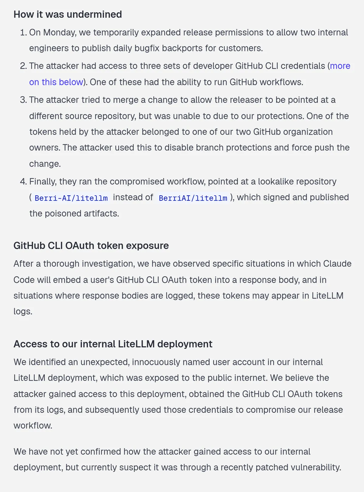 Screenshot of the How it was undermined, GitHub CLI OAuth token exposure, and Access to our internal LiteLLM deployment sections of LiteLLM's incident report