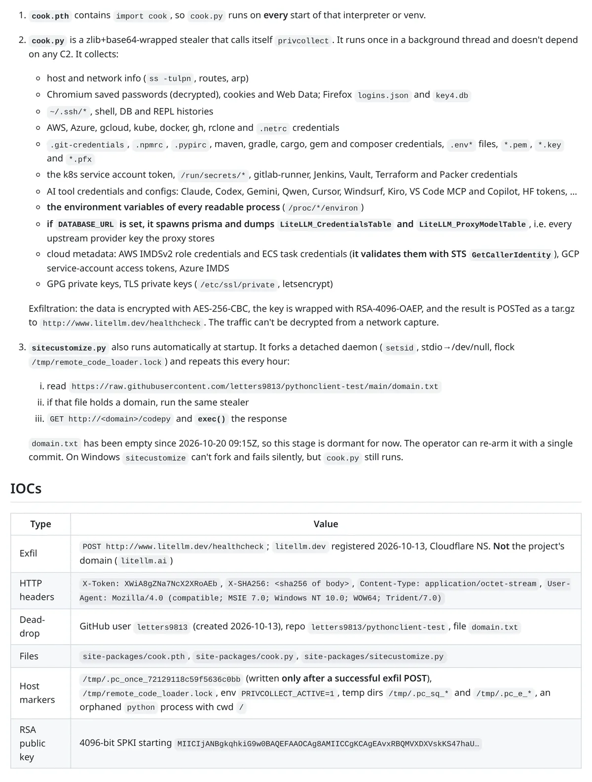Screenshot of the What the payload does section of the LiteLLM GitHub security issue, listing what cook.py collects, the sitecustomize.py loader, and an indicators of compromise table