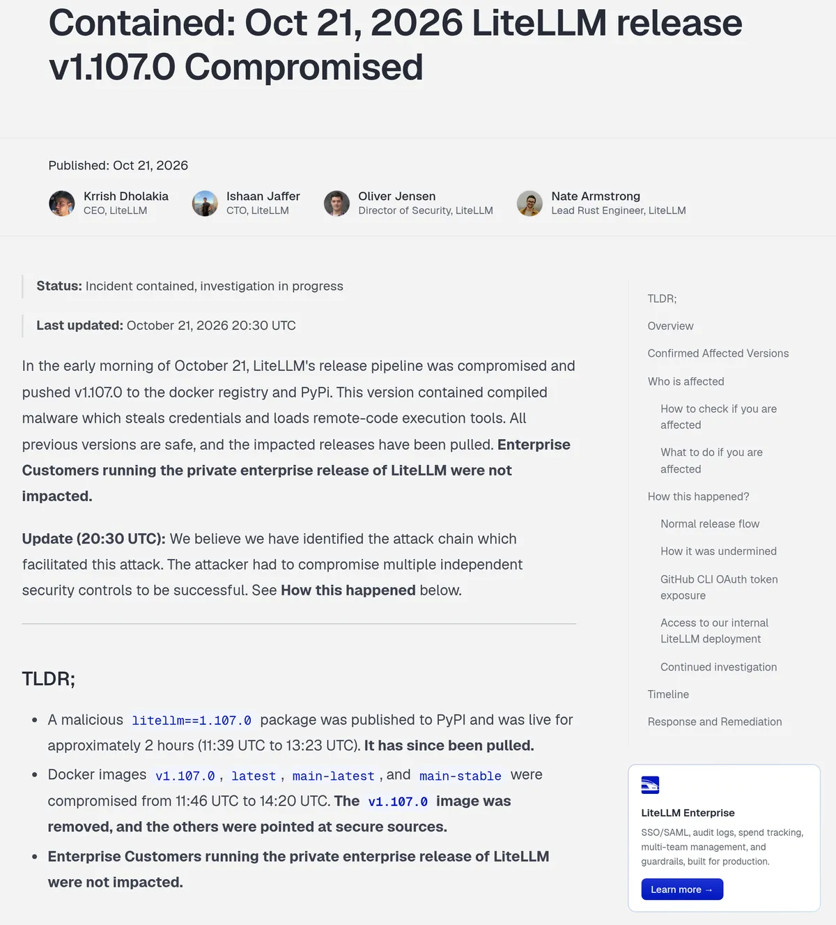 Screenshot of LiteLLM's incident report titled Contained: Oct 21, 2026 LiteLLM release v1.107.0 Compromised, showing the authors, the status line, the 20:30 UTC update, and the TLDR on PyPI and Docker exposure windows