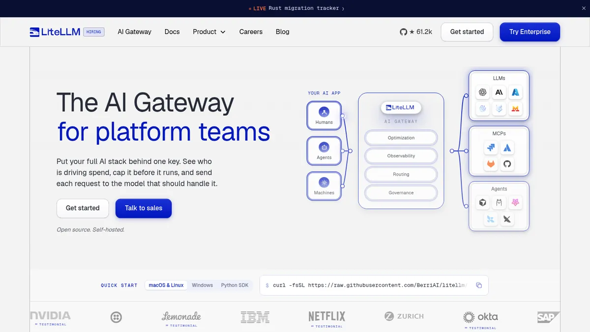 LiteLLM homepage for the open-source AI gateway product