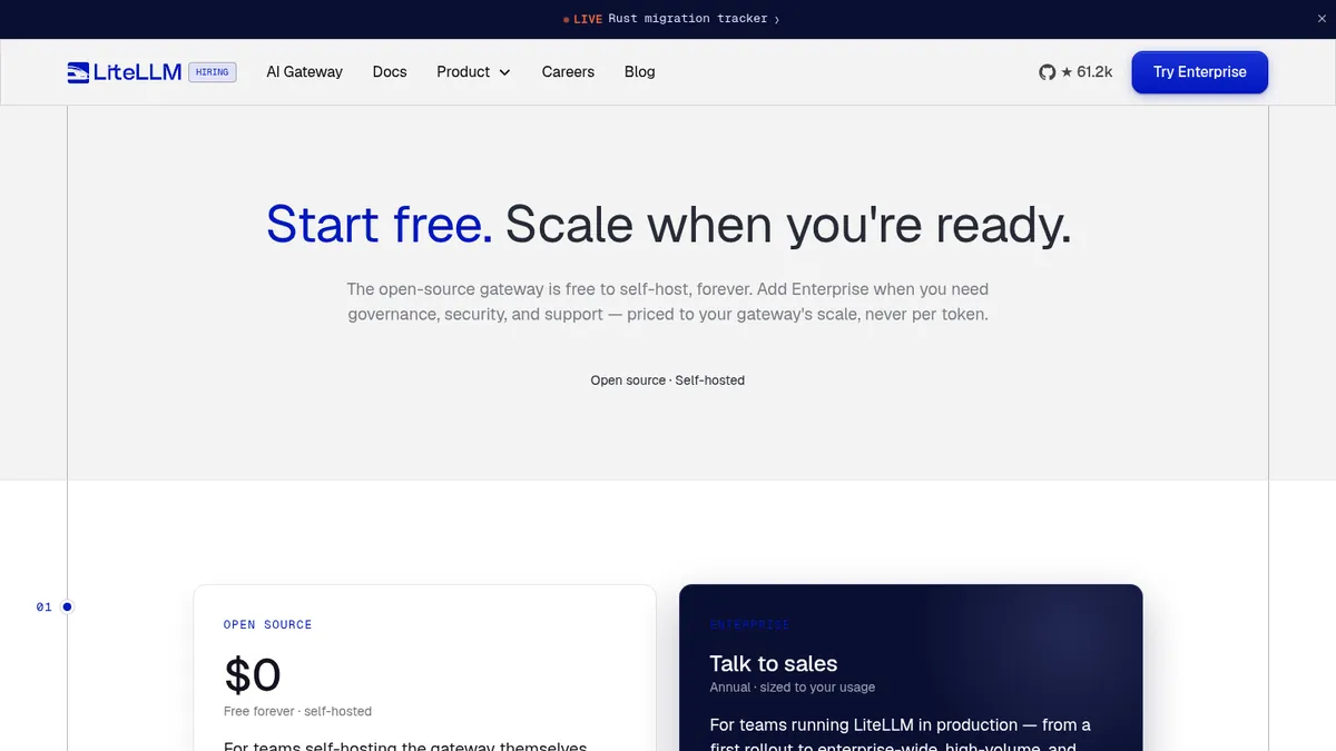LiteLLM pricing page showing free open-source and Enterprise capacity pricing
