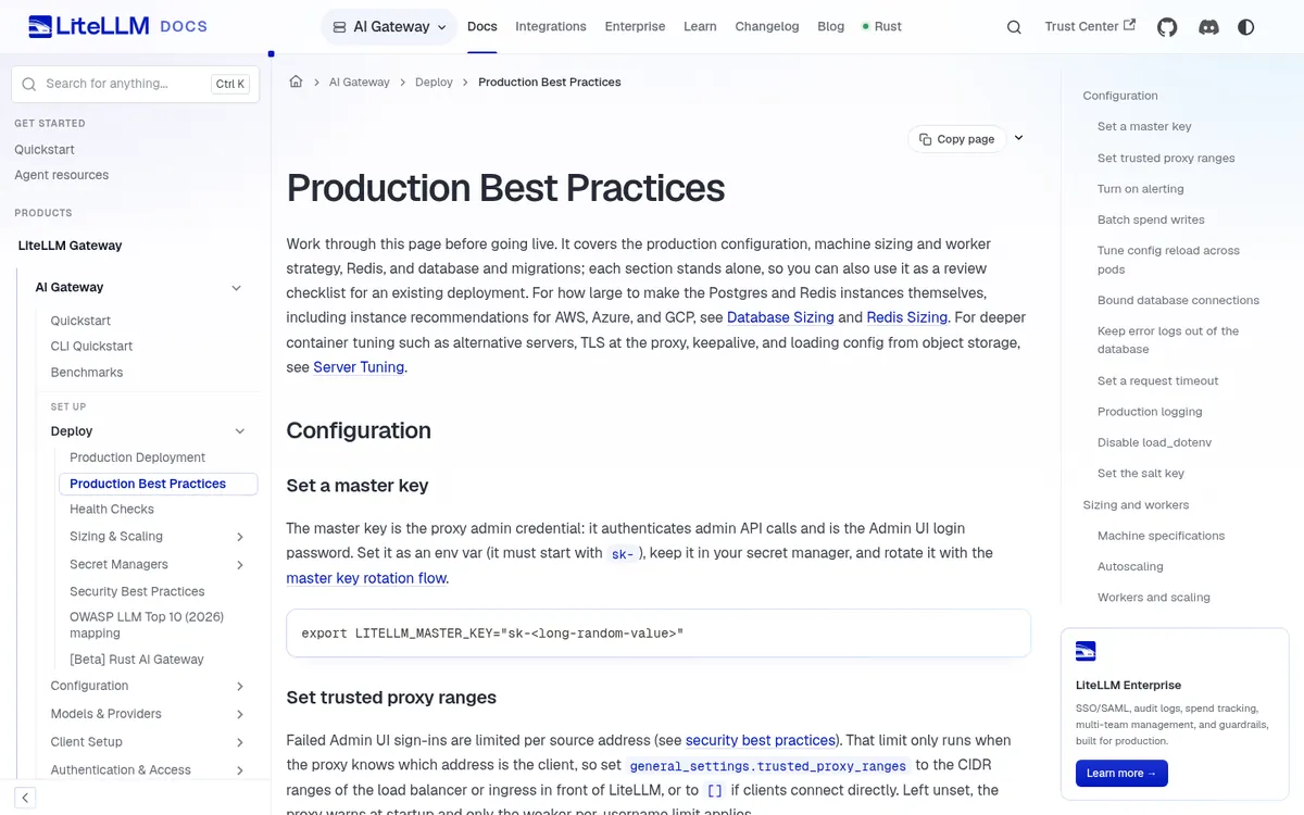 LiteLLM production best practices docs page covering workers, Redis, and Postgres