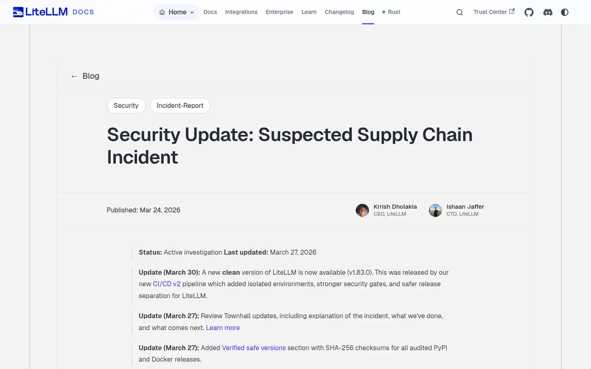 LiteLLM security update page about the March 2026 suspected supply chain incident