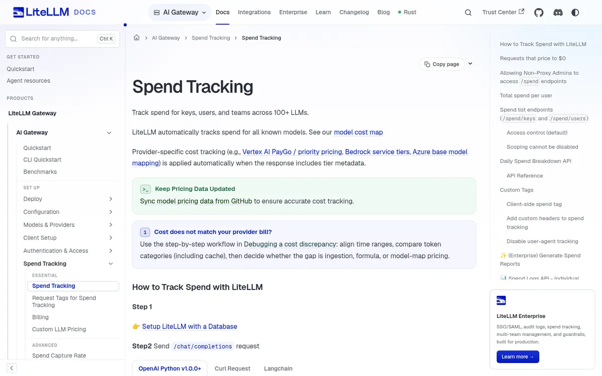 LiteLLM spend tracking documentation for keys, users, and teams across many LLM providers