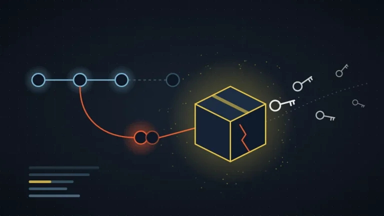 Abstract illustration of a release pipeline diverted through a lookalike branch into a cracked package, with keys leaking out, on a dark field