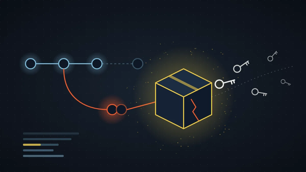 Abstract illustration of a release pipeline diverted through a lookalike branch into a cracked package, with keys leaking out, on a dark field