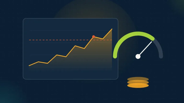 Abstract navy dashboard with a rising LLM spend line crossing a budget line beside a gauge