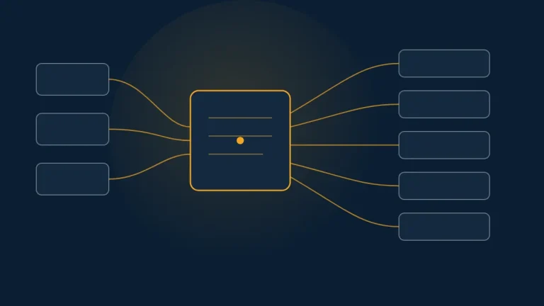 Abstract navy diagram of apps routing through a central amber-outlined LLM gateway hub to multiple providers