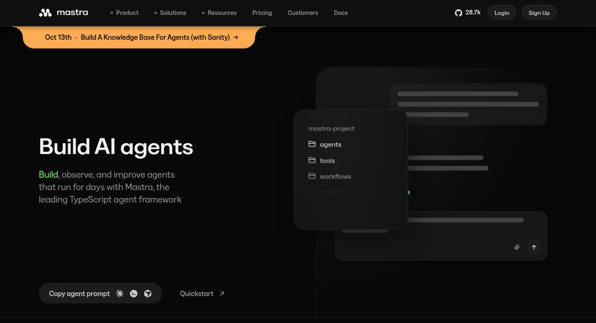 Mastra homepage reading Build AI agents, with a project tree of agents, tools, and workflows