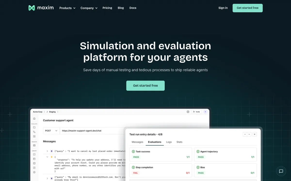 Maxim AI agent simulation and evaluation product page
