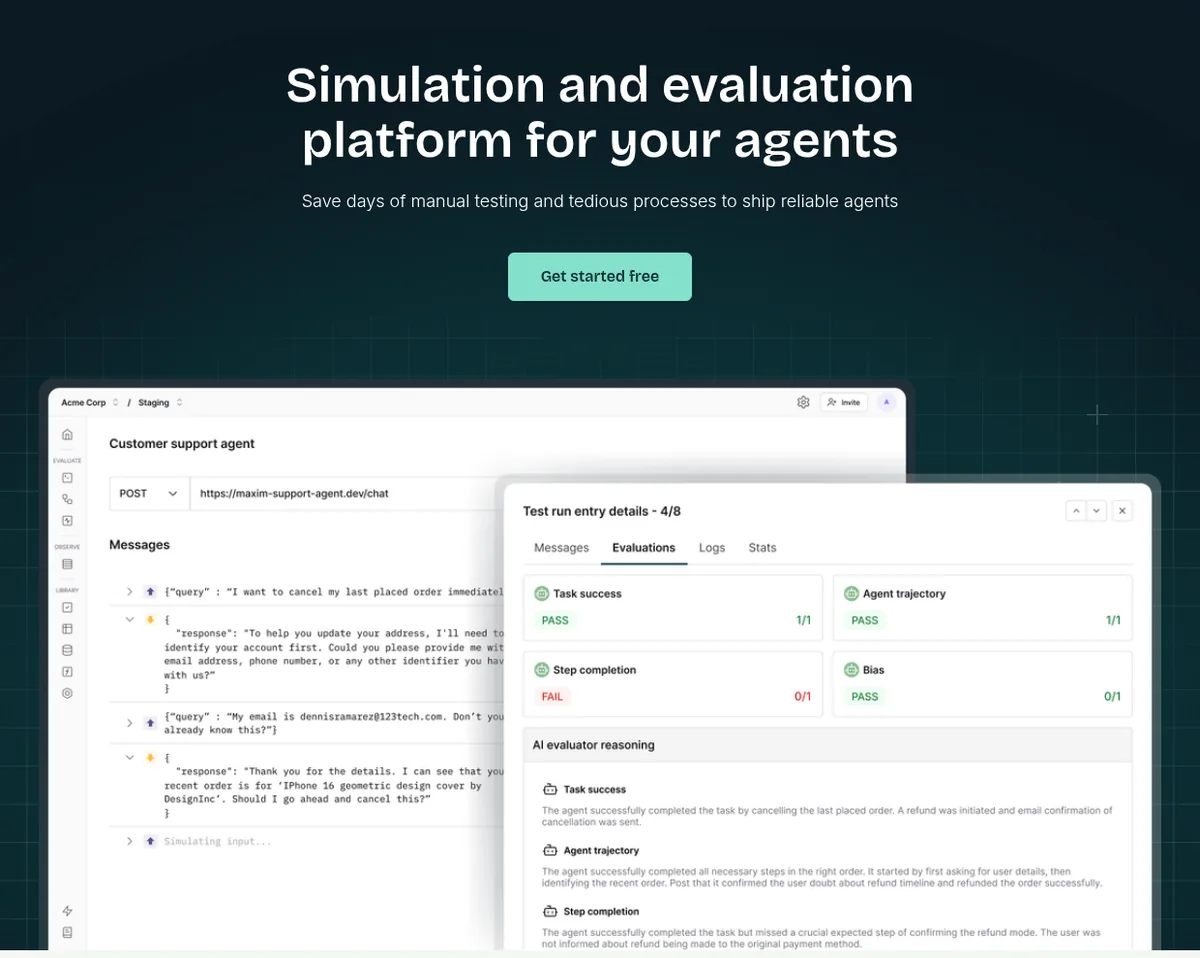 Maxim AI agent simulation test run evaluations dashboard