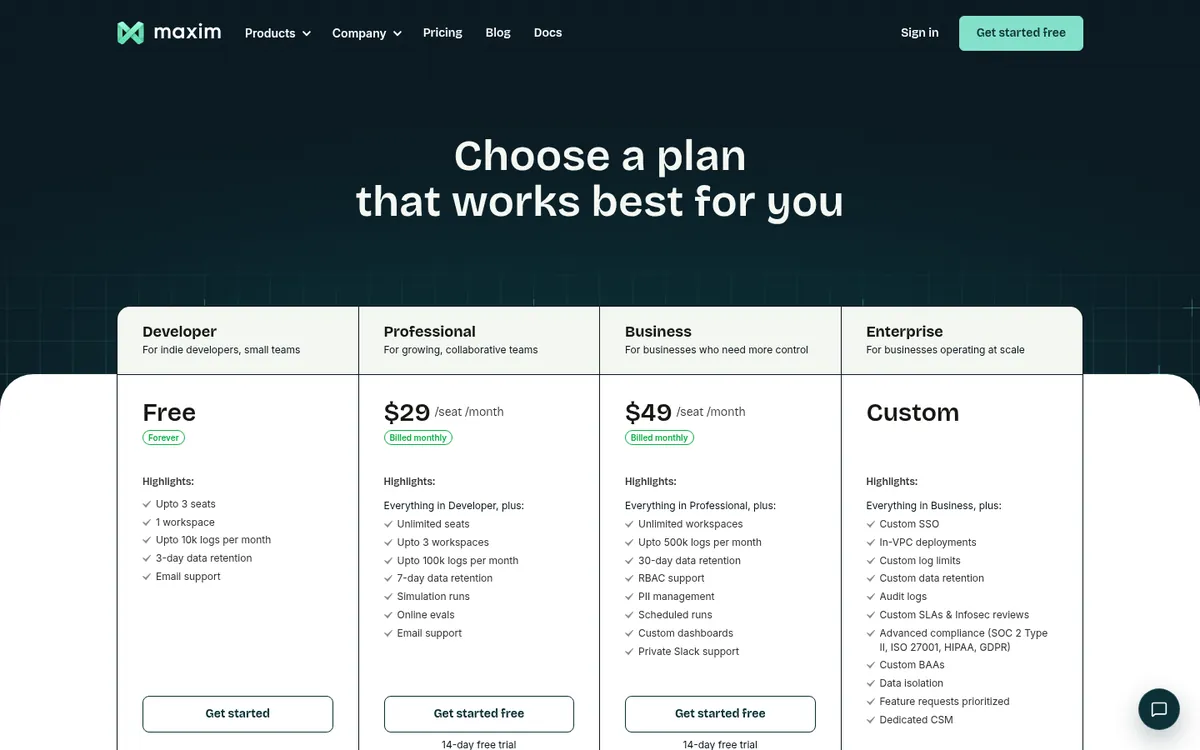 Maxim AI evals pricing page with Developer, Professional, and Business plans
