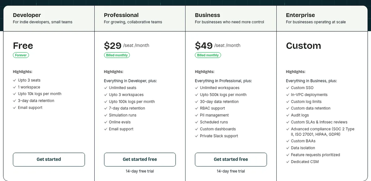 Maxim AI pricing page showing Developer, Professional, and Business plans