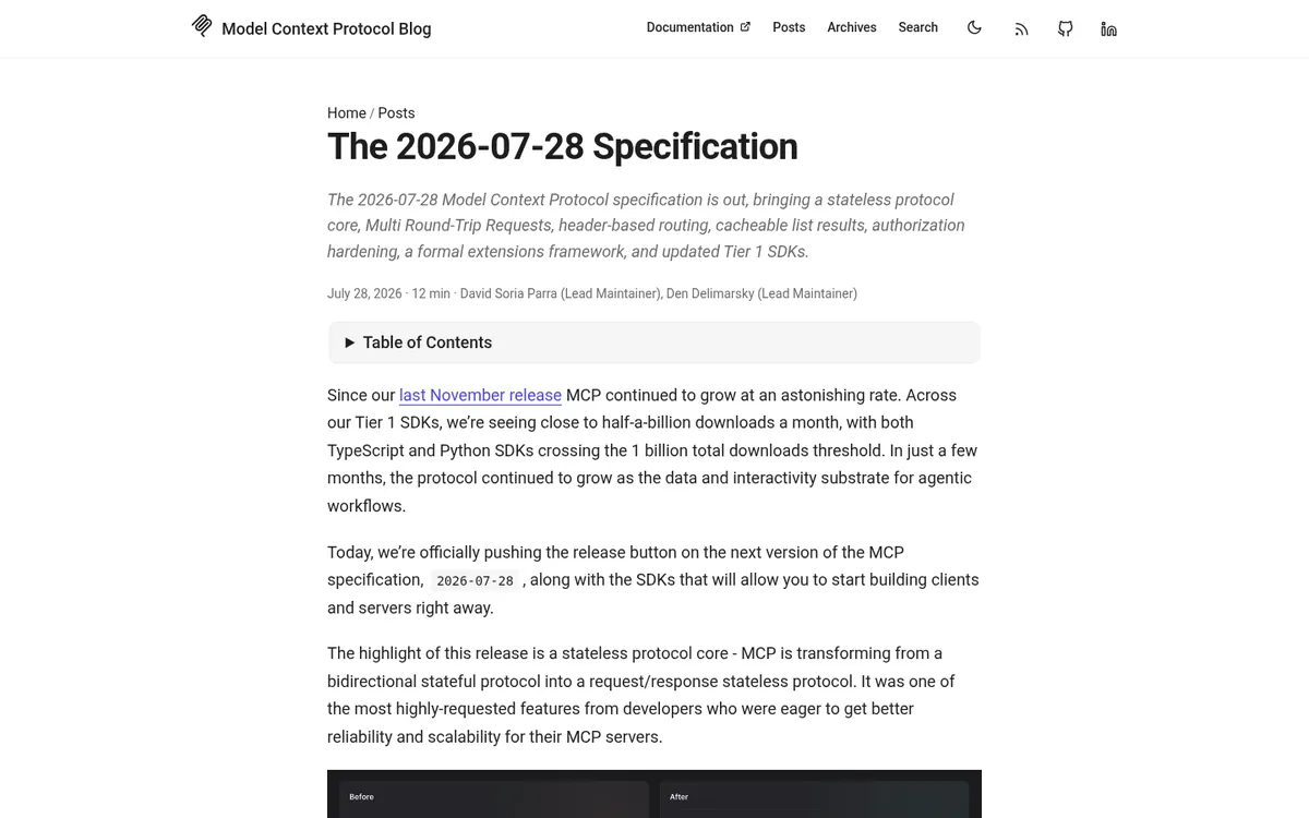 Model Context Protocol blog post announcing the 2026-07-28 specification with a stateless protocol core