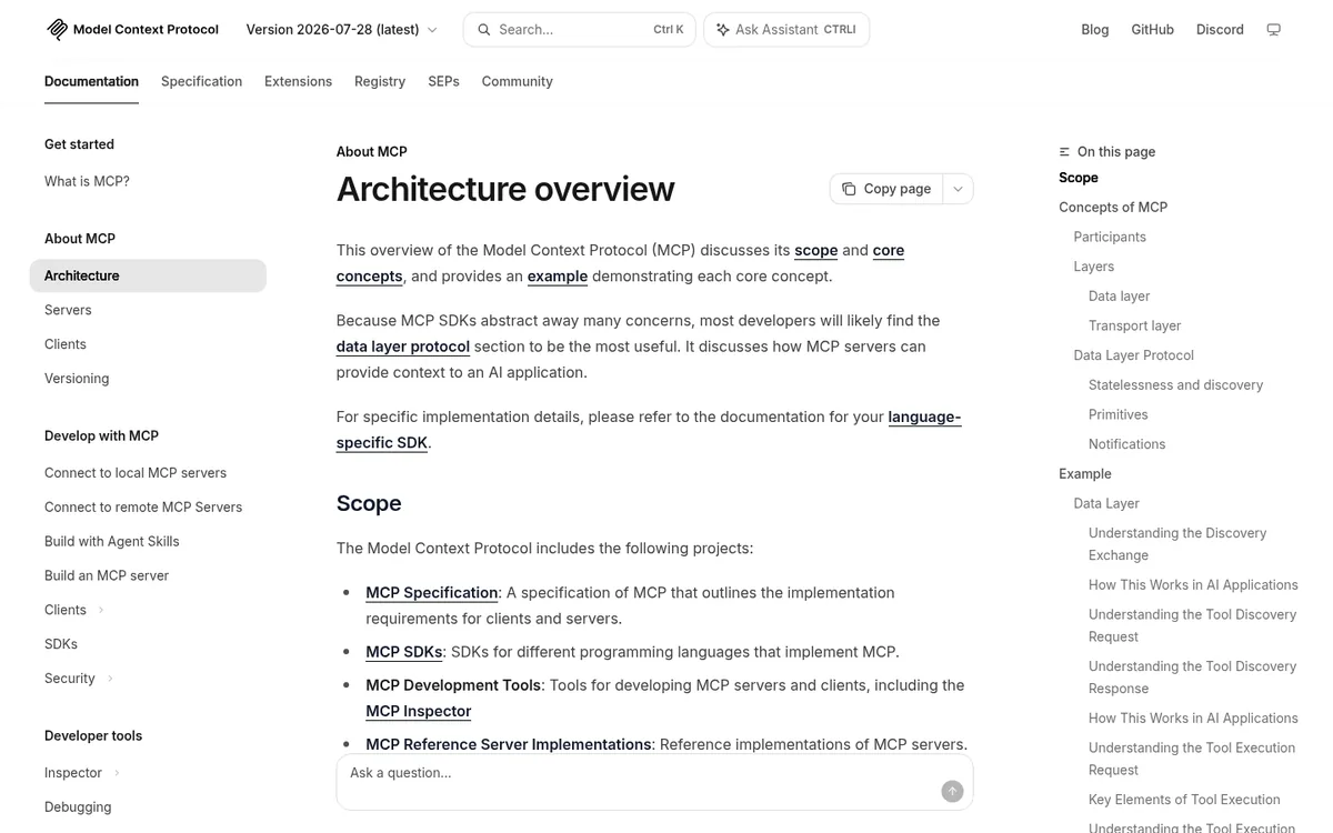Official MCP architecture overview page describing hosts, clients, and servers