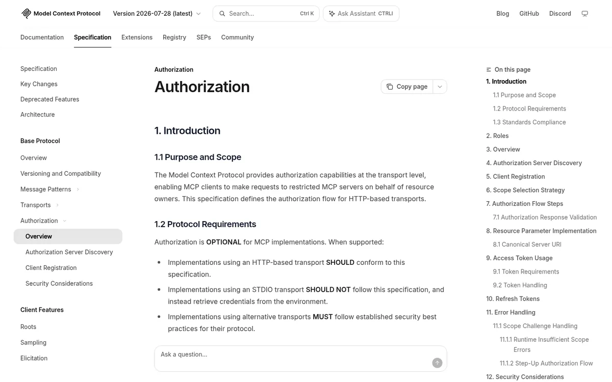 MCP authorization specification page describing the OAuth based flow