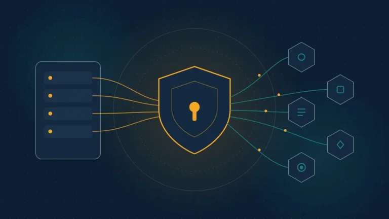 Abstract navy illustration of AI hosts linking through a shield gateway to MCP server nodes