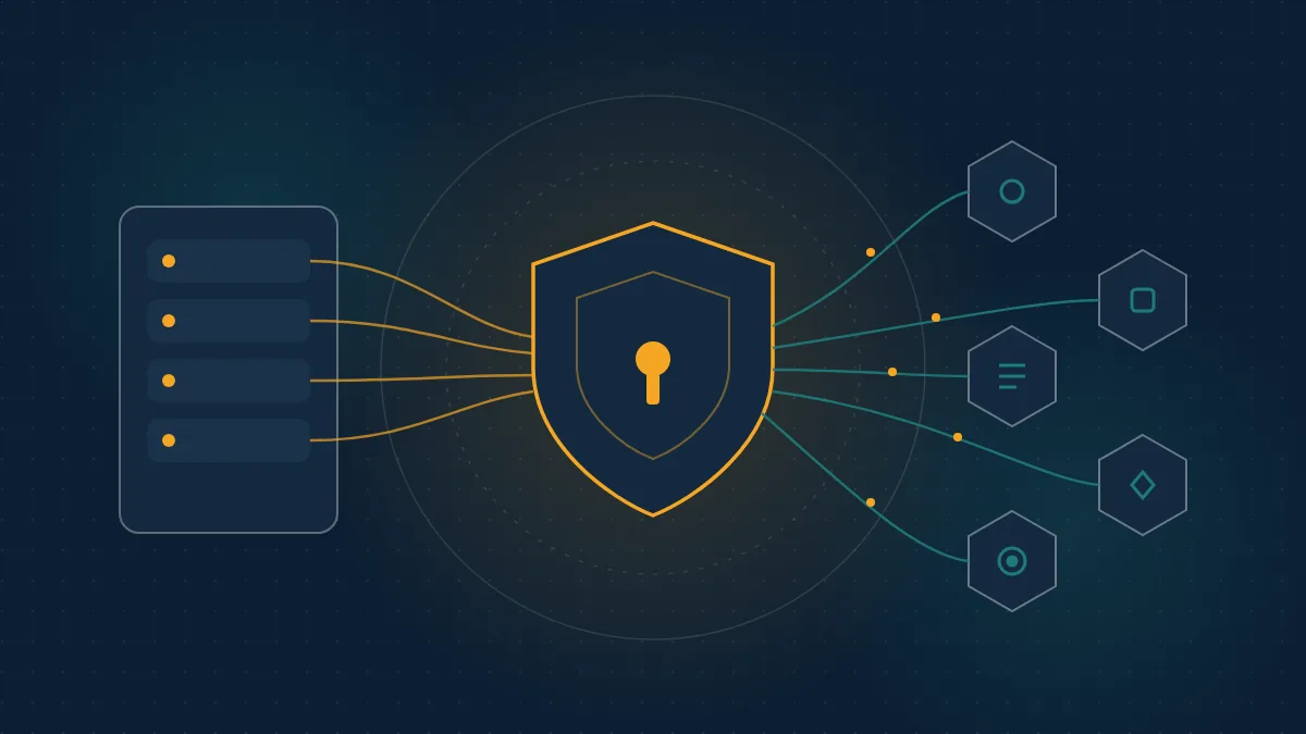 Abstract navy illustration of AI hosts linking through a shield gateway to MCP server nodes