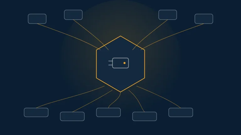 Abstract navy diagram of a central MCP gateway hex linking agent clients to tool servers