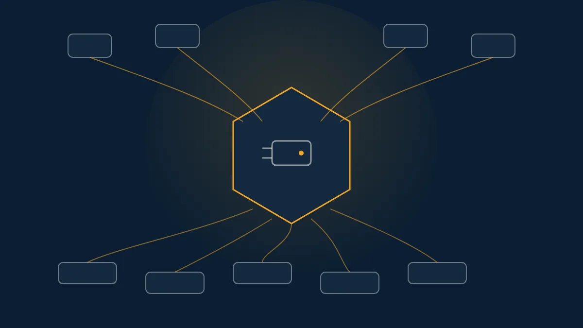 Abstract navy diagram of a central MCP gateway hex linking agent clients to tool servers
