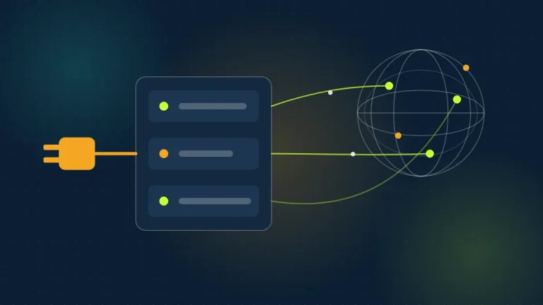 Abstract navy scene with an amber plug feeding a server rack linked to a wireframe globe