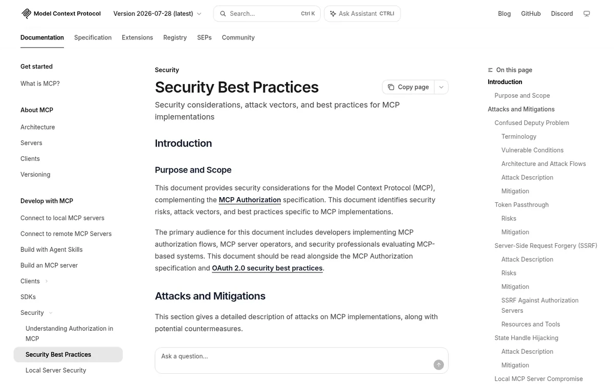 Official MCP security best practices page listing attacks and mitigations