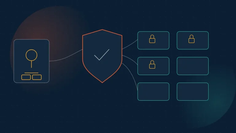 Abstract navy illustration of an agent gated by a policy shield before locked MCP tool tiles