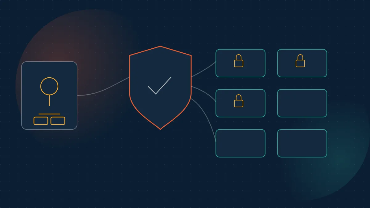 Abstract navy illustration of an agent gated by a policy shield before locked MCP tool tiles