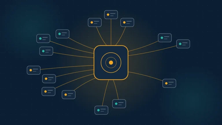 Abstract navy diagram of a central agent hub connected to many MCP server cards