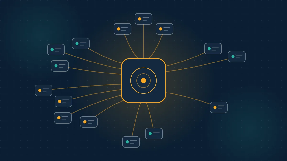 Abstract navy diagram of a central agent hub connected to many MCP server cards