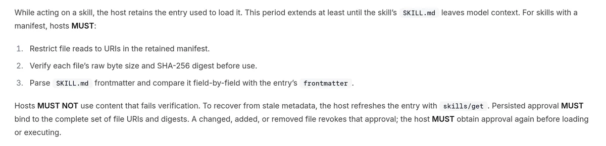 Screenshot of the Model Context Protocol skills extension documentation section on integrity and verification, listing the MUST rules a host follows when reading skill files, including manifest-only reads and size and digest checks