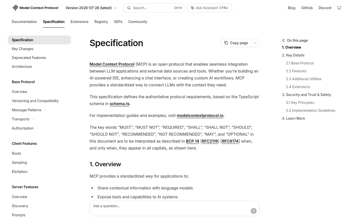 MCP specification overview page for the 2026-07-28 protocol revision