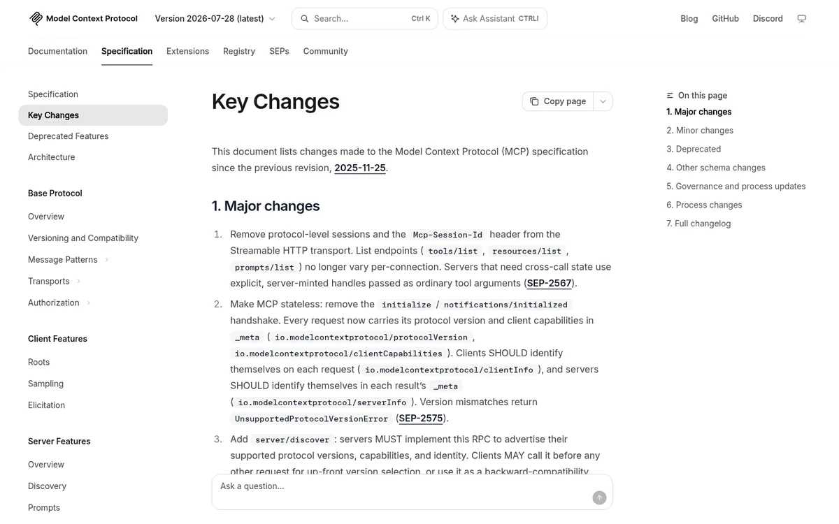 MCP key changes page listing major changes in the 2026-07-28 specification