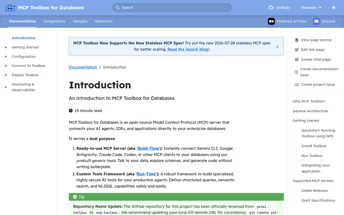 MCP Toolbox for Databases introduction page listing prebuilt tools and supported databases
