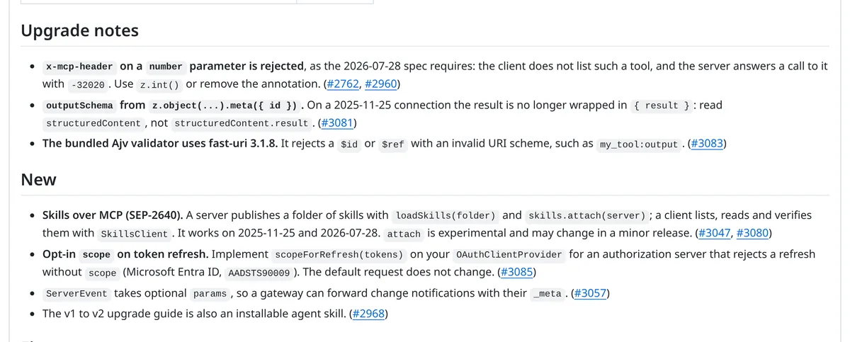 Screenshot of the MCP TypeScript SDK v2.4.0 GitHub release notes showing the Upgrade notes and the New section, which lists Skills over MCP (SEP-2640) with loadSkills, skills.attach, and SkillsClient