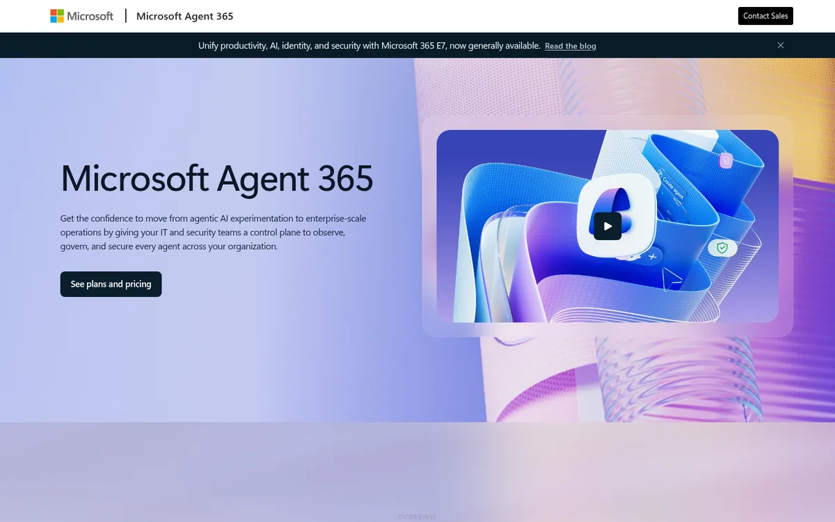 Microsoft Agent 365 product page describing a control plane for AI agents