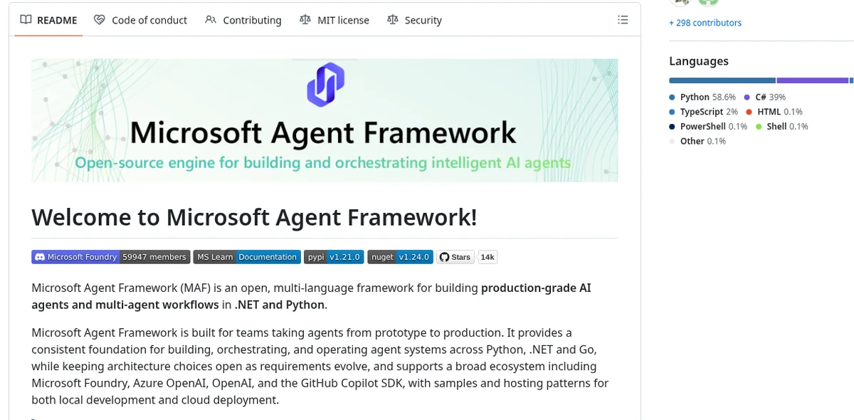 Microsoft Agent Framework README on GitHub describing production AI agents and multi-agent workflows in .NET and Python