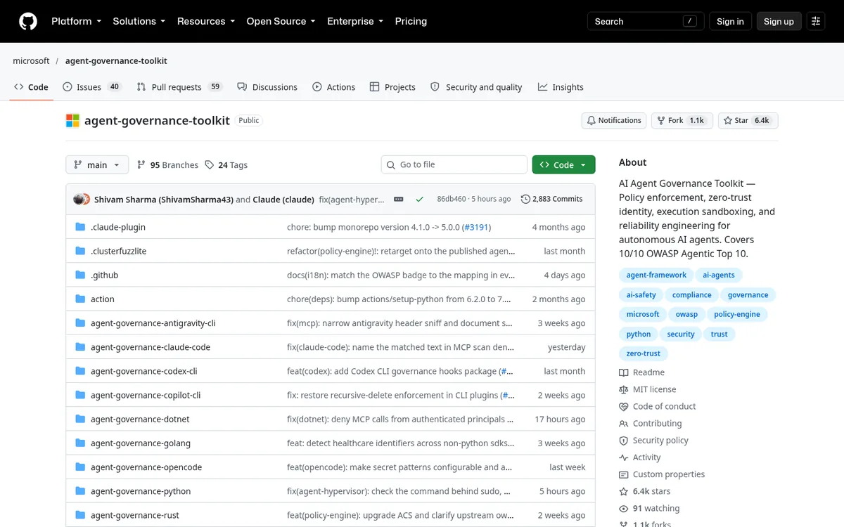 Microsoft Agent Governance Toolkit repository on GitHub