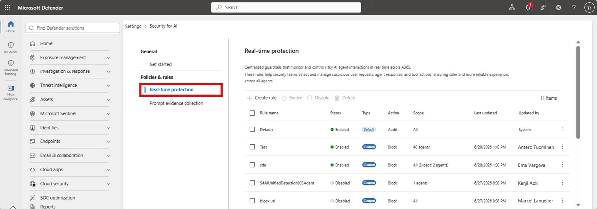 Microsoft Defender real-time protection rules list for AI agents