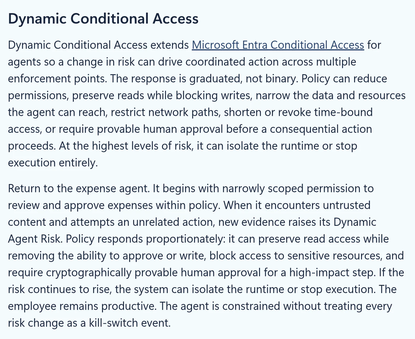 Screenshot of the Dynamic Conditional Access section of Microsoft's blog post describing graduated responses and the expense agent example