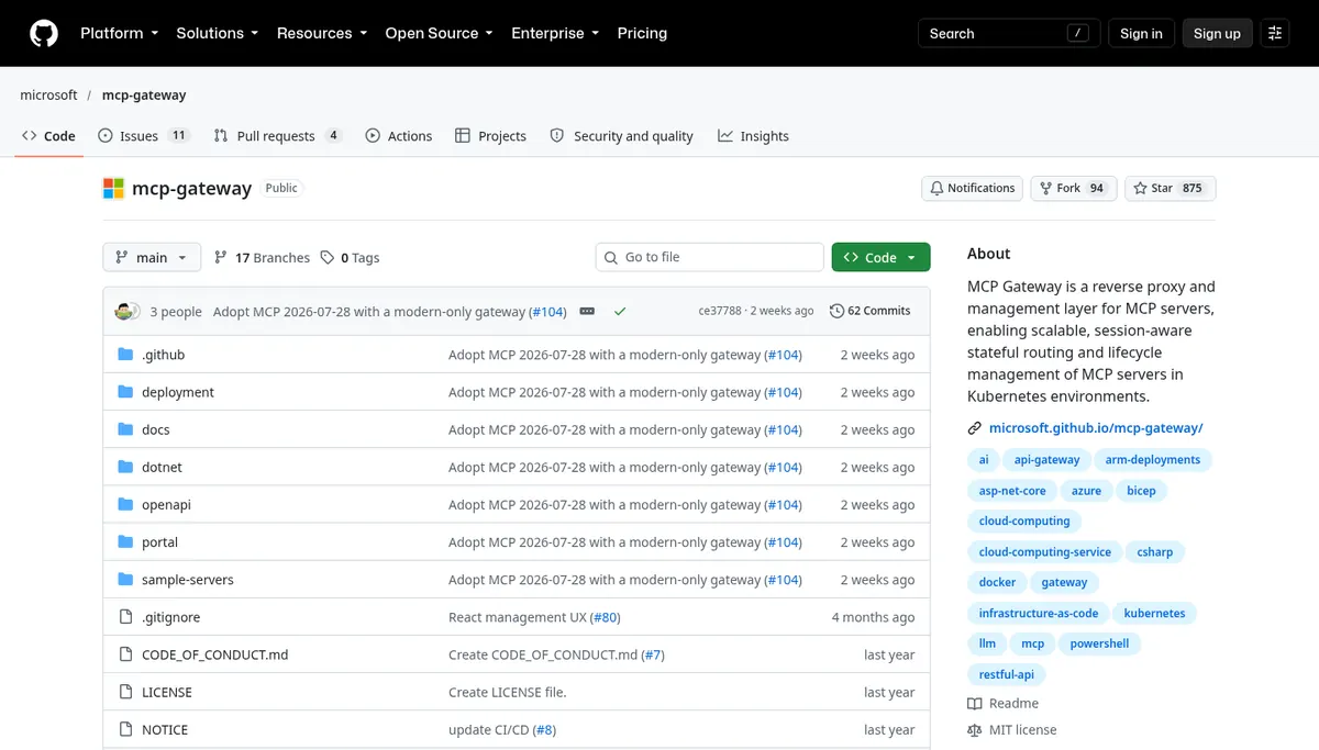 Microsoft MCP Gateway GitHub repository landing page